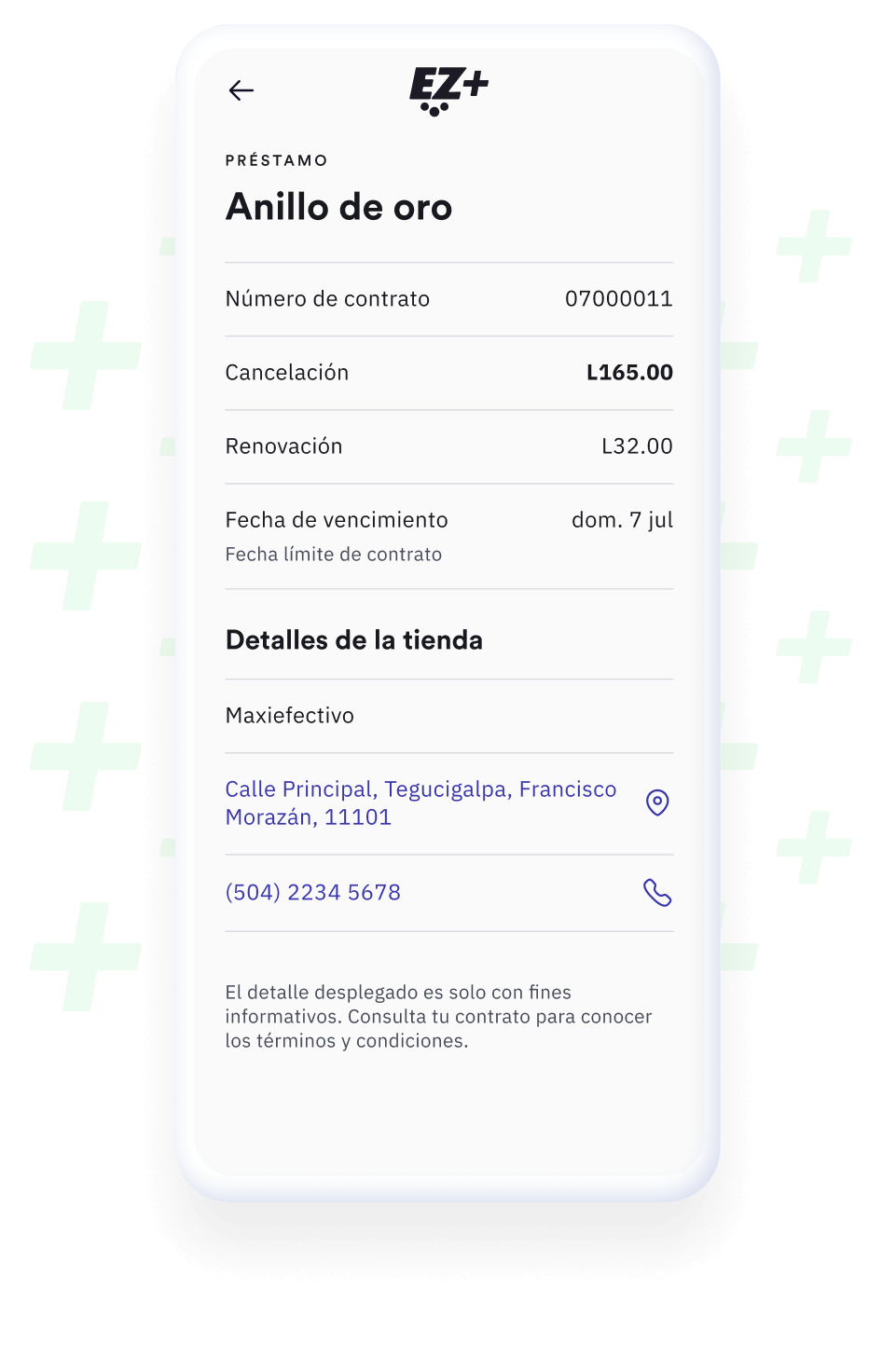 Detalles del empeño de un anillo de oro, incluyendo número de contrato, renovación, cancelación y fecha de vencimiento.